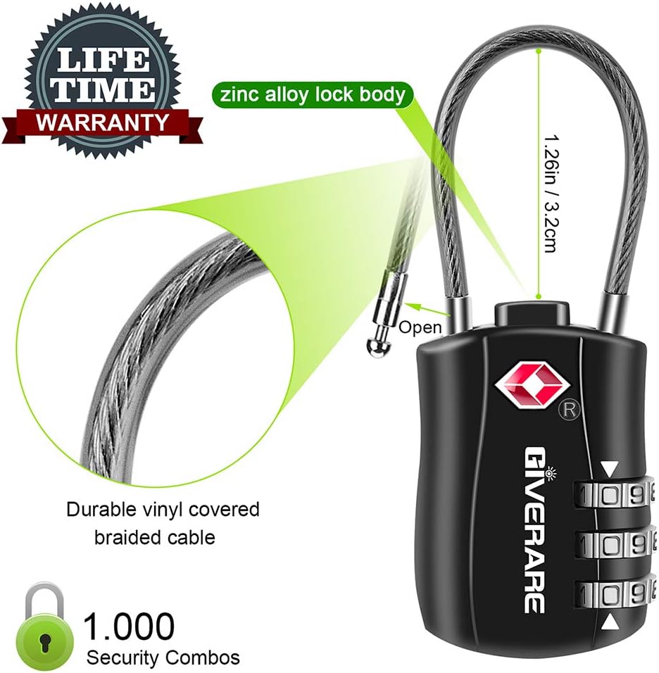 GIVERARE 2 PCS TSA Approved Luggage Locks, Combination Travel Cable Lock, Re-settable 3-Digit Padlocks with Alloy Body, Keyless Travel Sentry Accepted Padlock for Gym Locker, Golf Bag Case-Black - Image 3