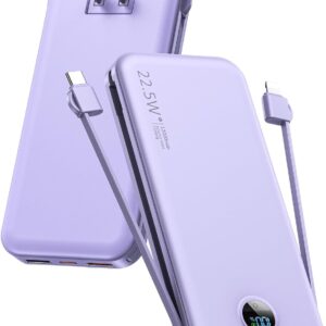 Portable Charger, 12000mAh 22.5W USB C Fast Charging Power Bank with Built-in Cables and AC Wall Plug, Smart LED Display Travel Essentials Battery Pack Compatible with iPhone, iPad, Samsung etc Purple