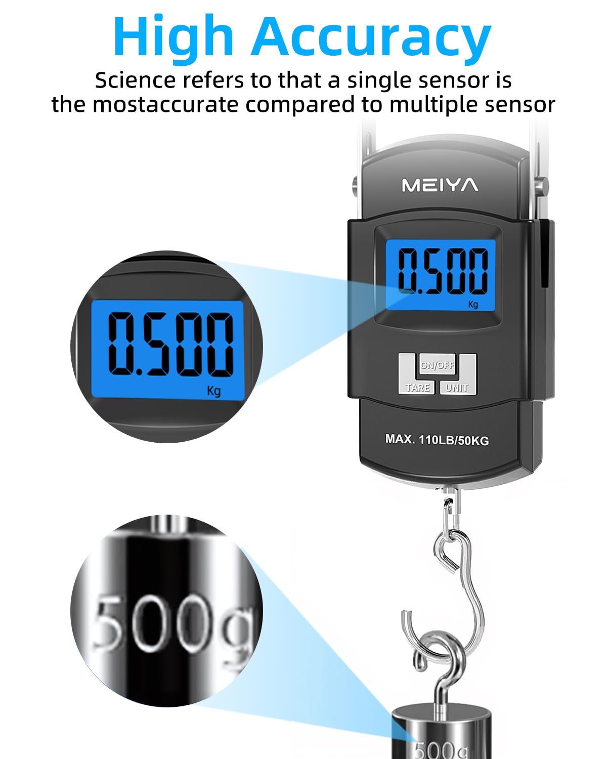 MEIYA Fish Scale 110lb/50kg Digital Fishing Scale with Backlit LCD, Portable Handle, Stainless Steel Hook & 2 AAA Batteries – Reliable Fishing Gear & Great Fishing Gifts for Men - Image 2