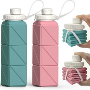 Collapsible Water Bottles 20.6oz 2 Pack, Silicone Foldable Portable Travel Water Bottle, BPA-free, Reusable Leakproof for Traveling Camping Hiking Cycling Sports Outdoor (Blue+Pink)