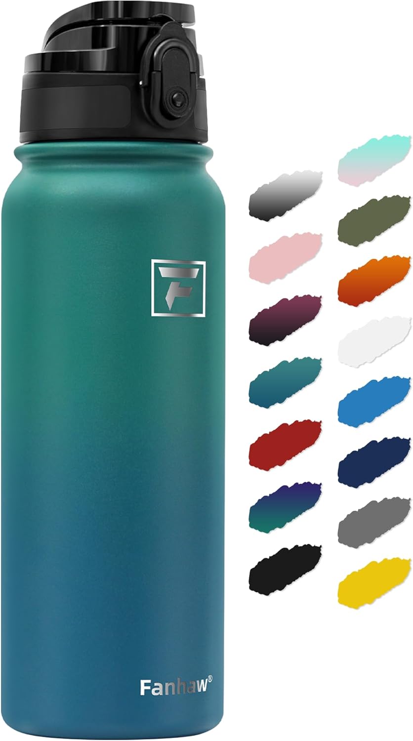Fanhaw 20 Oz Insulated Stainless Steel Vacuum Water Bottle with Anti-Dust Pop-Open Lid - For Kids, Women, Men | Leak & Sweat Proof (Green Blue)