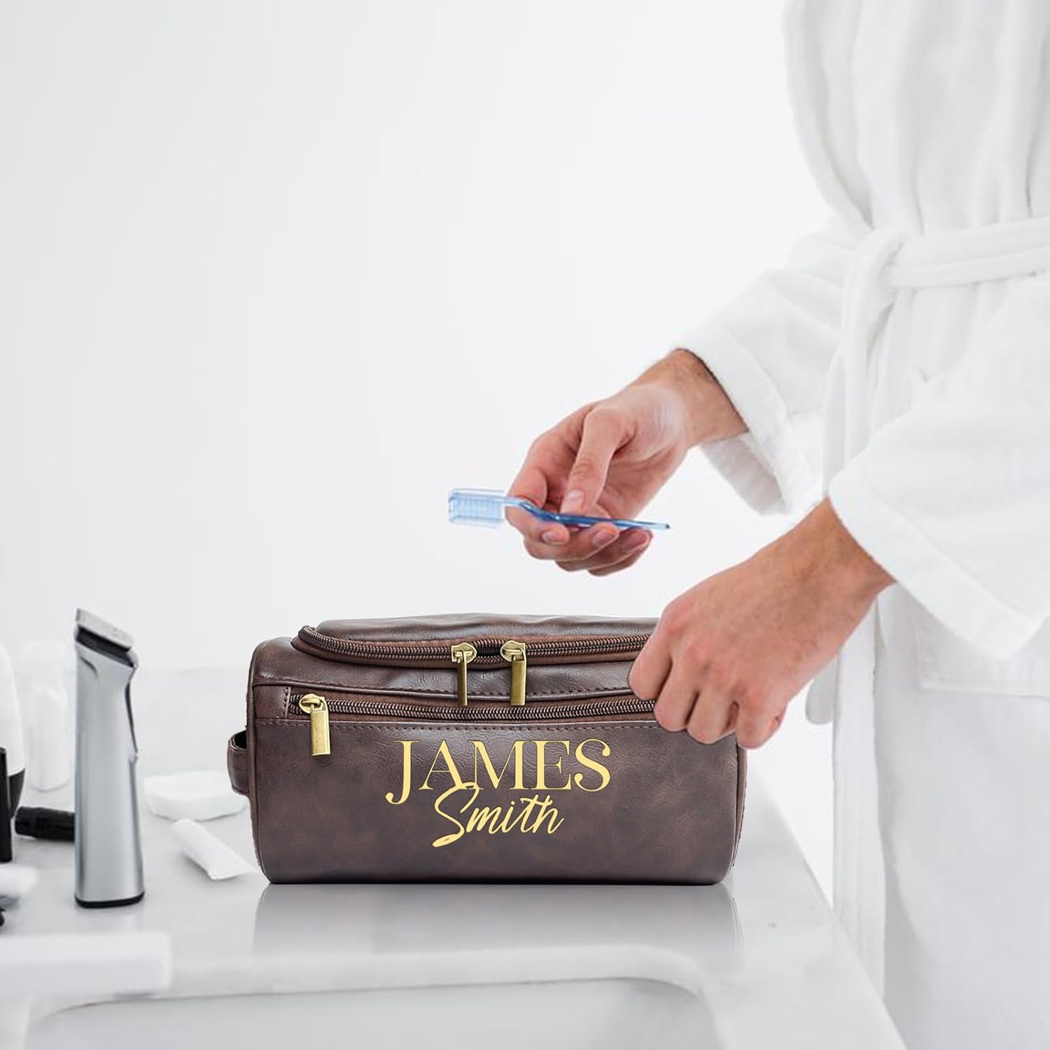 Personalized Toiletry Bag for Men, Engraved Name Initials Toiletry Bag, Customized Monogram Travel Shaving Dopp Kit for Groomsmen, Gift for Christmas, Birthday, Dad, Husband (Brown) - Image 5