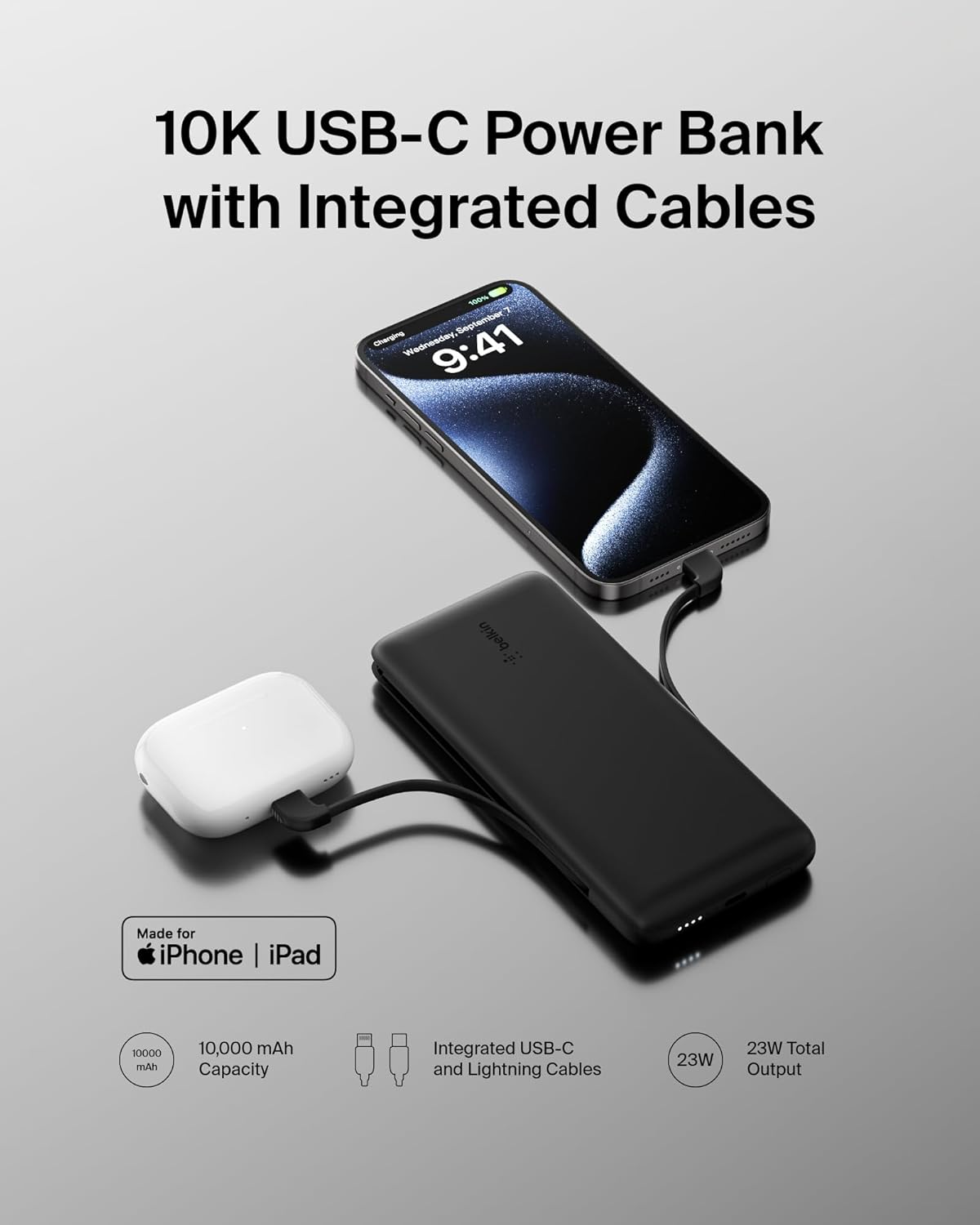 Belkin Portable Charger Power Bank for iPhone/Android - 10,000mAh, 23W Battery Pack for Phone with Integrated USB-C, Lightning Cables - Pass-Through Capability, Charge 2 Devices at Once - Image 6