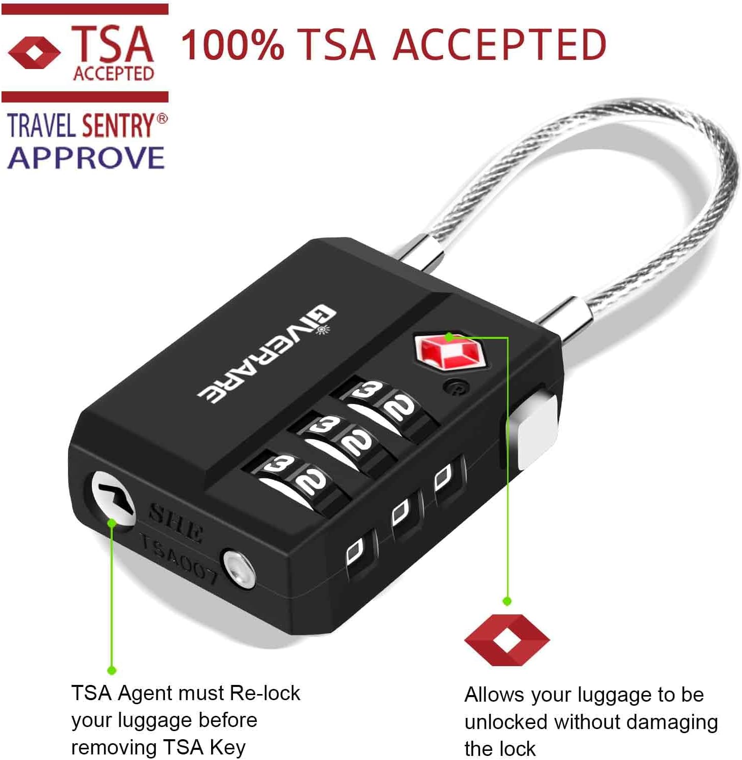 2 Pack TSA Approved Travel Luggage Locks, Cable Combination Lock 3-Digit, Keyless Suitcase Padlocks, Weatherproof Padlock for Locker, Golf Bag, Gun Case, Backpack, Anti Theft, Easy Read Dials-Black - Image 4