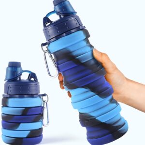 Collapsible Water Bottles for Travel, Foldable Sports Water Bottle for Kids, Reusable Water-proof Silicone Water Bottles with mountaineering Buckle for Camping Hiking Holiday