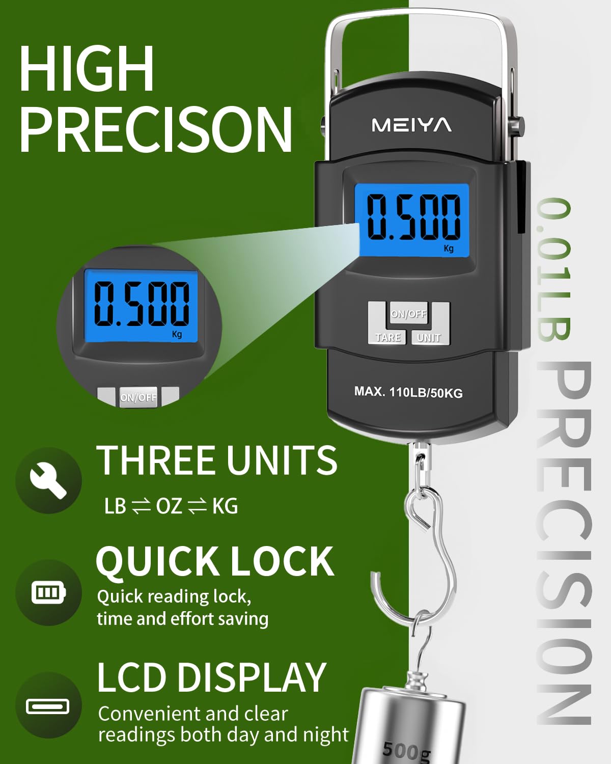 MEIYA Fish Scale 110lb/50kg Digital Fishing Scale with Backlit LCD, Portable Handle, Stainless Steel Hook & 2 AAA Batteries – Reliable Fishing Gear & Great Fishing Gifts for Men - Image 4