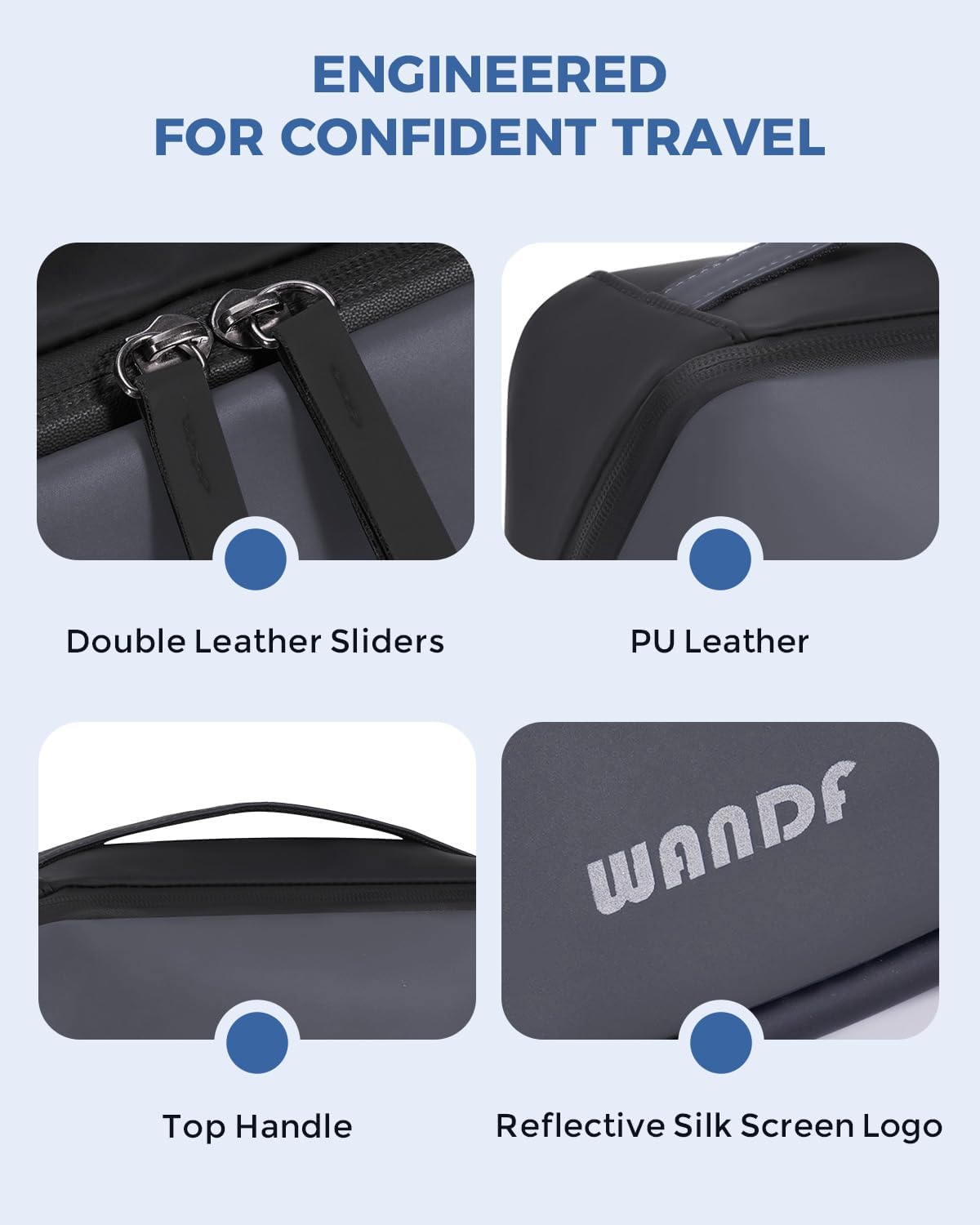 WANDF Toiletry Bag for Men, PU Leather Travel Organizer with Detachable Waterproof Hanging Pouch, Open-Flat Dopp Kit Shaving Bag with Wet Pocket for Travel Toiletries Accessories (Dark Gray) - Image 9