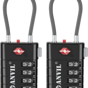 ANVIL TSA Approved Luggage Locks, 4 Digit Combination Travel Suitcase Locks with TSA008 Core and Open Alert Indicator, Zinc Alloy Body. (2, Black)