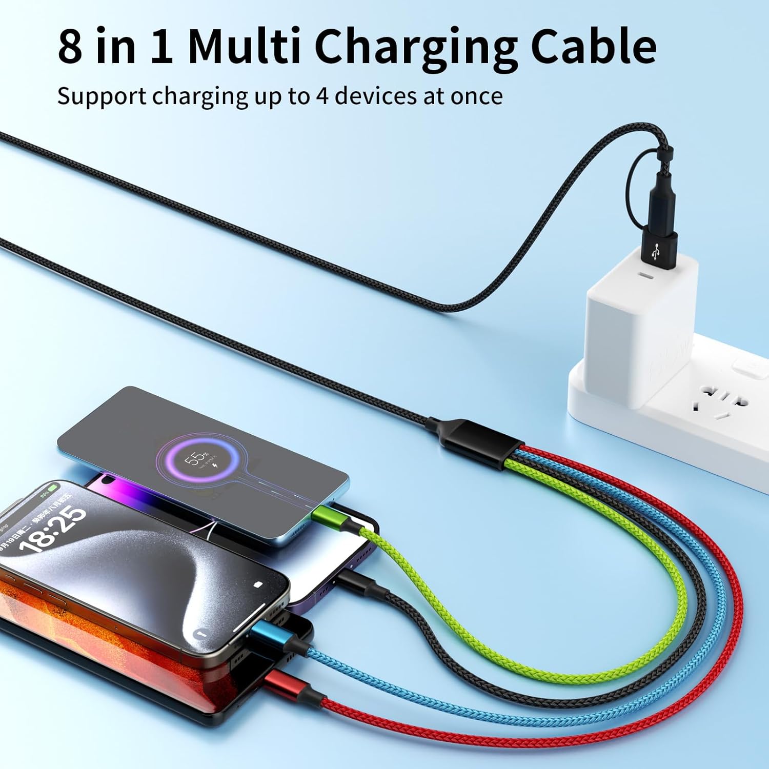Travel 4 in 2 Multi Charging Cable with Dual Type-C, USB A/USB C Chargers for Multiple Devices, Multiple Charger Cord Compatible with Most Cell Phones/Tablets and More (1Pack, 5FT) - Image 8