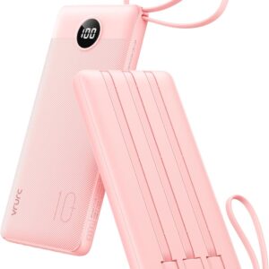 VRURC Portable Charger Power Bank, 10000mAh Travel Essentials Battery Pack, 5 Outputs 2 Inputs Slim Charging Bank Built-in Cables Cords Wires Compatible with iPhone,Samsung,Android-Pink(1 Pack)