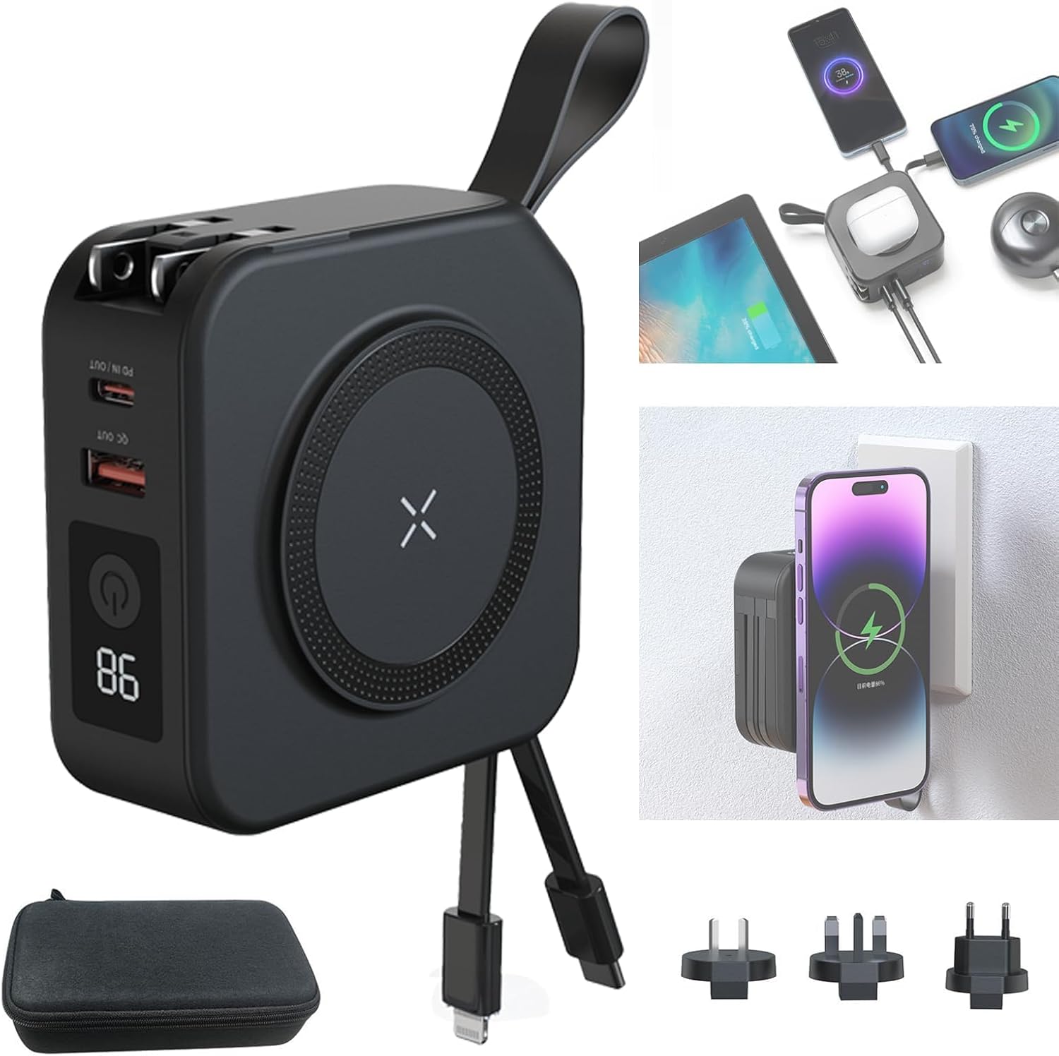 Powerpack Universal 5 in 1 Travel Power Bank - for Magsafe Battery Pack,10000mAh Power Bank with Built in Cable - Wireless Portable Charger for iPhone 15/15 Pro/ProMax, iPhone 14/13/12 Series