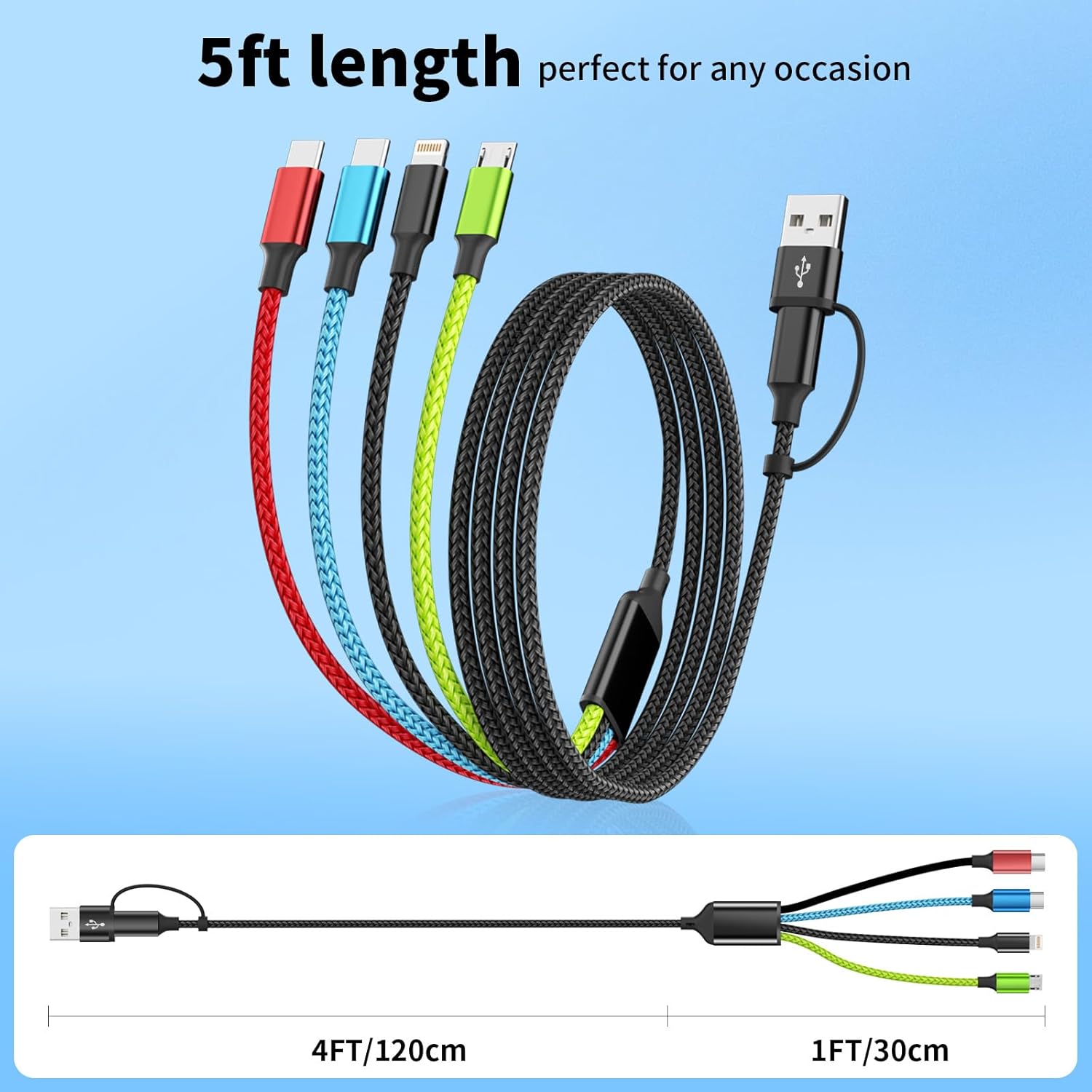 Travel 4 in 2 Multi Charging Cable with Dual Type-C, USB A/USB C Chargers for Multiple Devices, Multiple Charger Cord Compatible with Most Cell Phones/Tablets and More (1Pack, 5FT) - Image 9