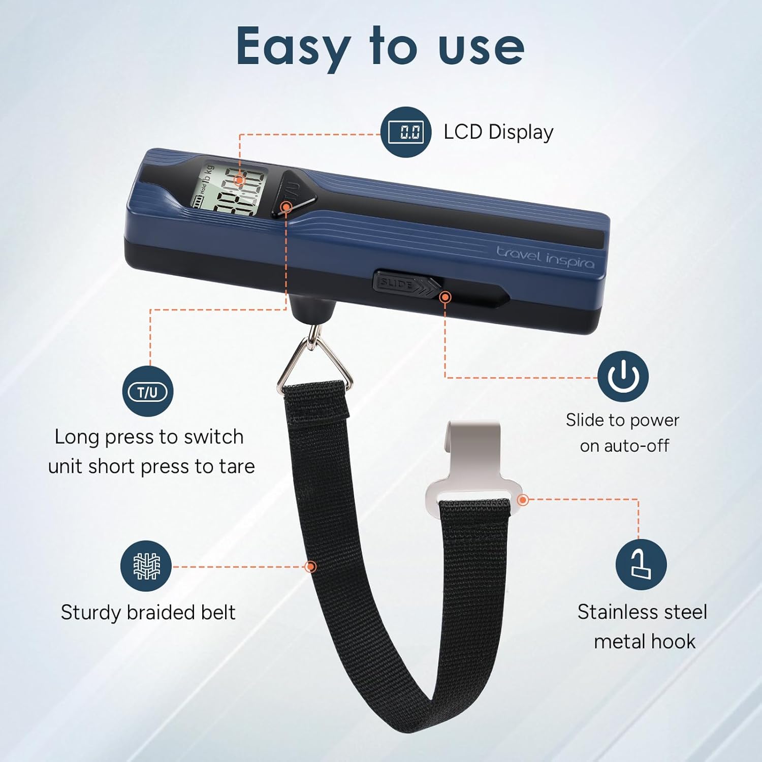 travel inspira Luggage Scale Battery-Free, Travel Essentials, Portable Handheld Digital Suitcase Weight Scale for for Travel Accessories, 110lbs/50kg (Dark Blue) - Image 4