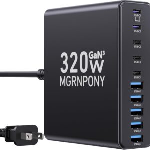 320W USB C Charger Block, 10-Port USB C Charging Station GaN III PD 65W Laptop Fast Charger Adapter for MacBook Pro/Air, DELL, iPad, iPhone, Samsung Galaxy Black
