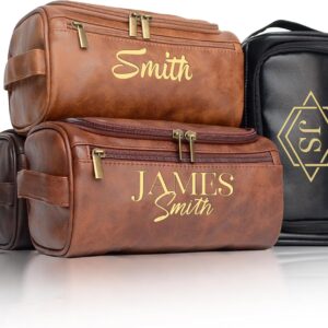 Personalized Toiletry Bag for Men, Engraved Name Initials Toiletry Bag, Customized Monogram Travel Shaving Dopp Kit for Groomsmen, Gift for Christmas, Birthday, Dad, Husband (Brown)