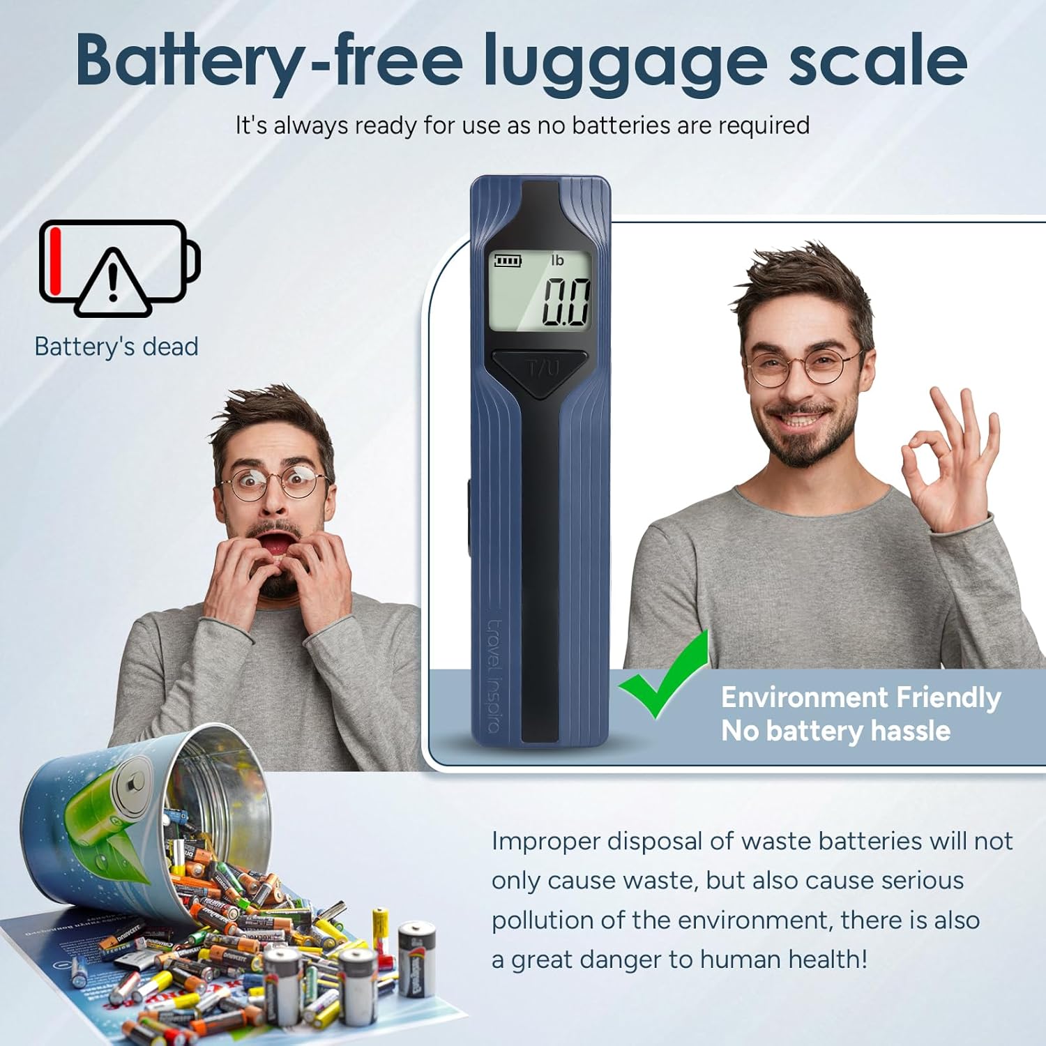 travel inspira Luggage Scale Battery-Free, Travel Essentials, Portable Handheld Digital Suitcase Weight Scale for for Travel Accessories, 110lbs/50kg (Dark Blue) - Image 5