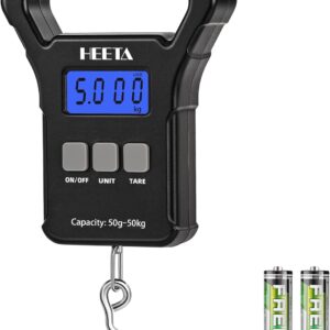 HEETA Fish Scale, 110lb/50kg Digital Portable Hanging Fishing Weight Scale with Backlit LCD Display, Luggage Scale with Hook, Non-Slip Large ABS Handle & 2 AAA Batteries, Fishing Gifts Gear for Men