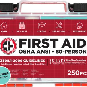 Be Smart Get Prepared OSHA/ANSI First Aid Kit - 50 Person, 250 Pieces - Designed for Home, Business, School, Industrial, and Restaurants - Compact & Portable