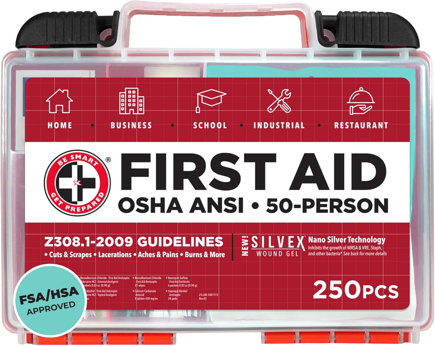 Be Smart Get Prepared OSHA/ANSI First Aid Kit - 50 Person, 250 Pieces - Designed for Home, Business, School, Industrial, and Restaurants - Compact & Portable
