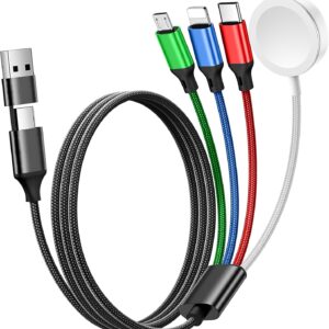 for Apple Watch Charger,4 in 2 Multi Charging Cable,Type C/Lightning/Micro USB Nylon Braided Travel Vacation Essentials Compatible with iWatch Ultra/SE/10-1,for iPhone 16-11,Galaxy Phones(5FT)