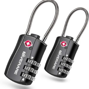 GIVERARE 2 PCS TSA Approved Luggage Locks, Combination Travel Cable Lock, Re-settable 3-Digit Padlocks with Alloy Body, Keyless Travel Sentry Accepted Padlock for Gym Locker, Golf Bag Case-Black