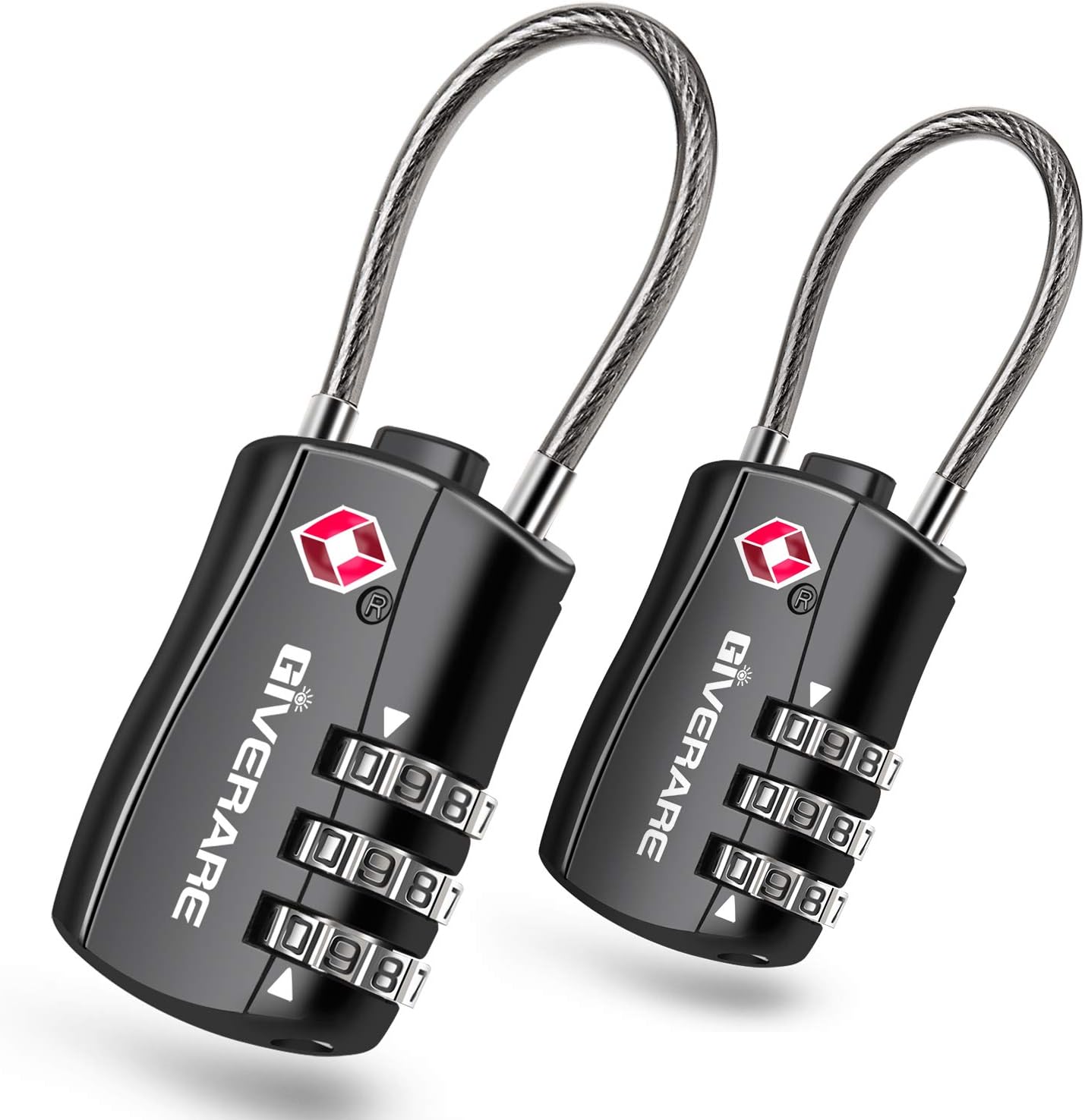 GIVERARE 2 PCS TSA Approved Luggage Locks, Combination Travel Cable Lock, Re-settable 3-Digit Padlocks with Alloy Body, Keyless Travel Sentry Accepted Padlock for Gym Locker, Golf Bag Case-Black