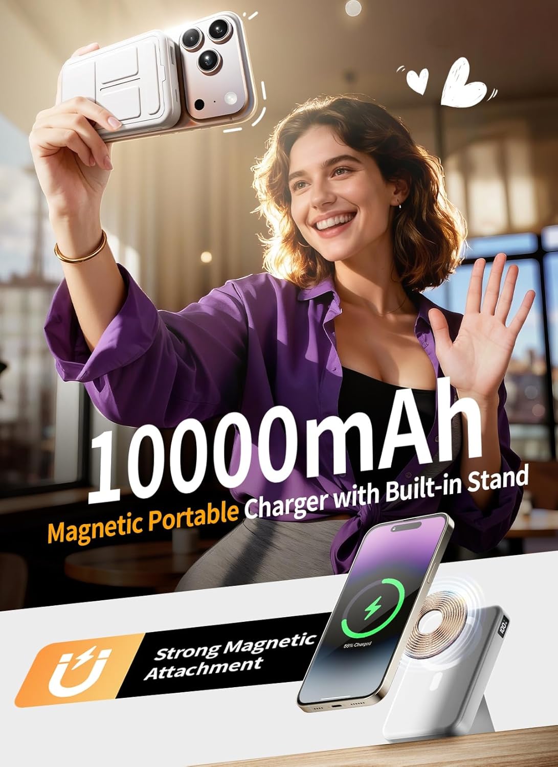 Magnetic Portable Charger, 10000mAh Power Bank with Leather Foldable Stand - Travel Essentials, USB-C 20W Fast Charging for Magsafe Battery Pack, Compatible with iPhone 17/16/15/14/13 Series - Image 2