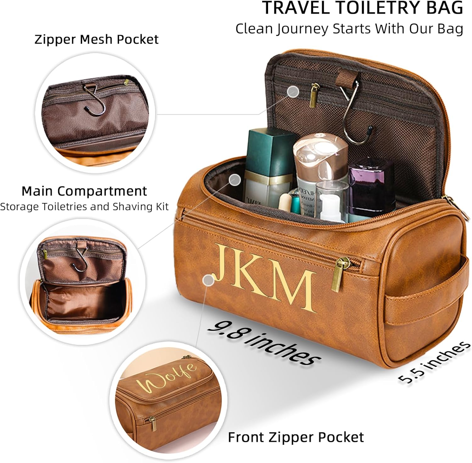 Personalized Toiletry Bag for Men, Engraved Name Initials Toiletry Bag, Customized Monogram Travel Shaving Dopp Kit for Groomsmen, Gift for Christmas, Birthday, Dad, Husband (Brown) - Image 2