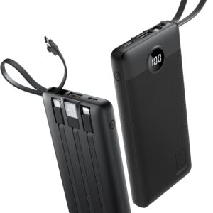 Portable Charger with Built in Cables, Slim 10000mAh Power Bank with USB C, External Battery Pack 5 Outputs 2 Inputs LED Display Compatible with iPhone/Android & More (Black)