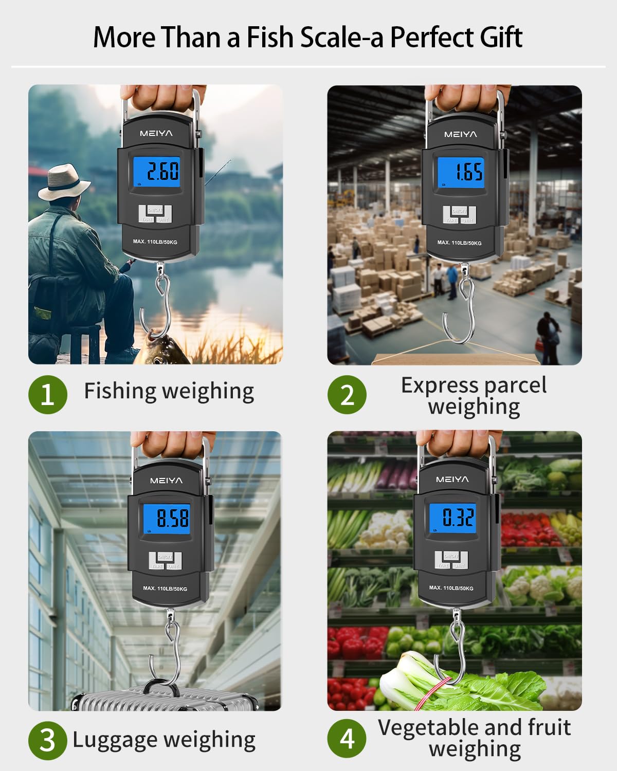 MEIYA Fish Scale 110lb/50kg Digital Fishing Scale with Backlit LCD, Portable Handle, Stainless Steel Hook & 2 AAA Batteries – Reliable Fishing Gear & Great Fishing Gifts for Men - Image 8