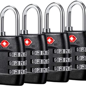 TSA Luggage Locks (4Pack) - 3 Digit Combination Padlocks - Approved Travel Lock for Suitcases & Baggage (Black)