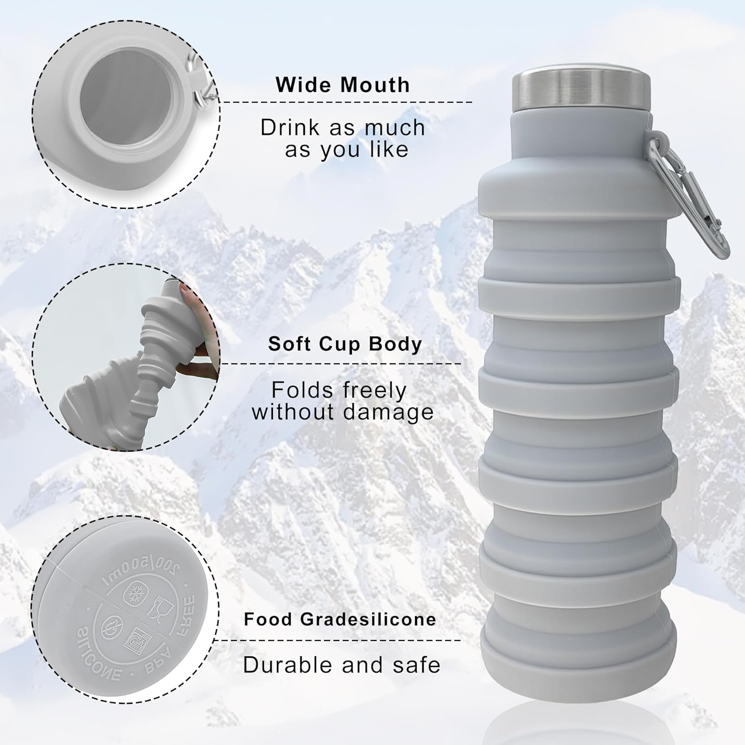 YCT Collapsible Water Bottle 17oz(500ml),Travel Portable Sport Water Bottle,Reusable Silicone Foldable Water Bottles for Gym Camping Hiking (Purple+Black) - Image 4