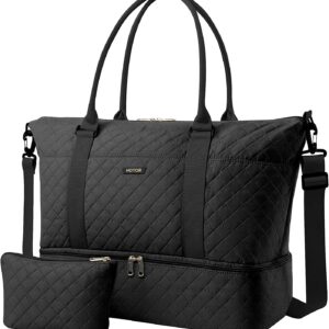 HOTOR Travel Duffel Bag - Weekender Bags for Women, Gym Tote Bags with Shoe Compartment, Carry On Overnight Bag with Toiletry Bag for Travel Essentials and Travel Accessories, Black, 13.4"×17.3"×7.9"