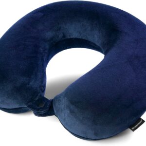 Brookstone Travel Neck Pillow - Lightweight Fleece Casing U-Shaped Stuffable Memory Foam Travel Pillow for Sleeping and Neck Support, Blue