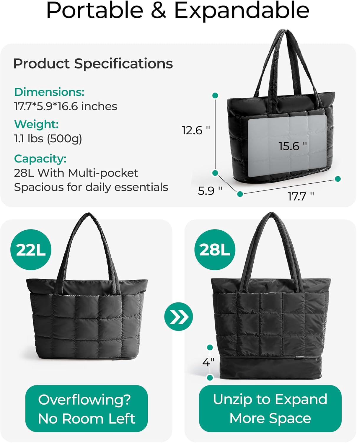 BAGSMART Expandable Tote Bag for Women, Puffer Work Tote Handbag, Quilted Carry On Bag for Travel Gym - Image 2