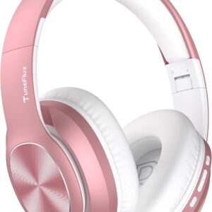 TuneFlux Wireless Bluetooth Headphones Over Ear, 80H Playtime, 3EQ Sound Modes, HiFi Stereo Headphones with Deep Bass, Foldable Bluetooth 5.3 Headsets for Smartphone/PC/Computer-Rose Gold