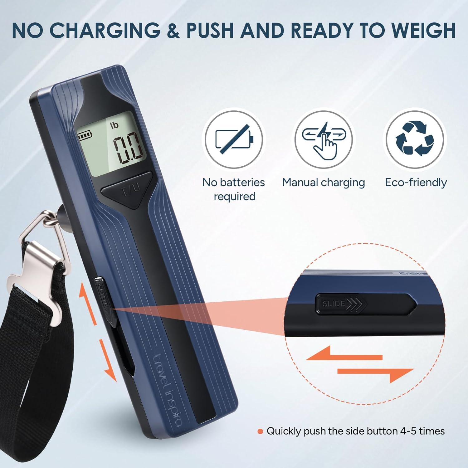 travel inspira Luggage Scale Battery-Free, Travel Essentials, Portable Handheld Digital Suitcase Weight Scale for for Travel Accessories, 110lbs/50kg (Dark Blue) - Image 3