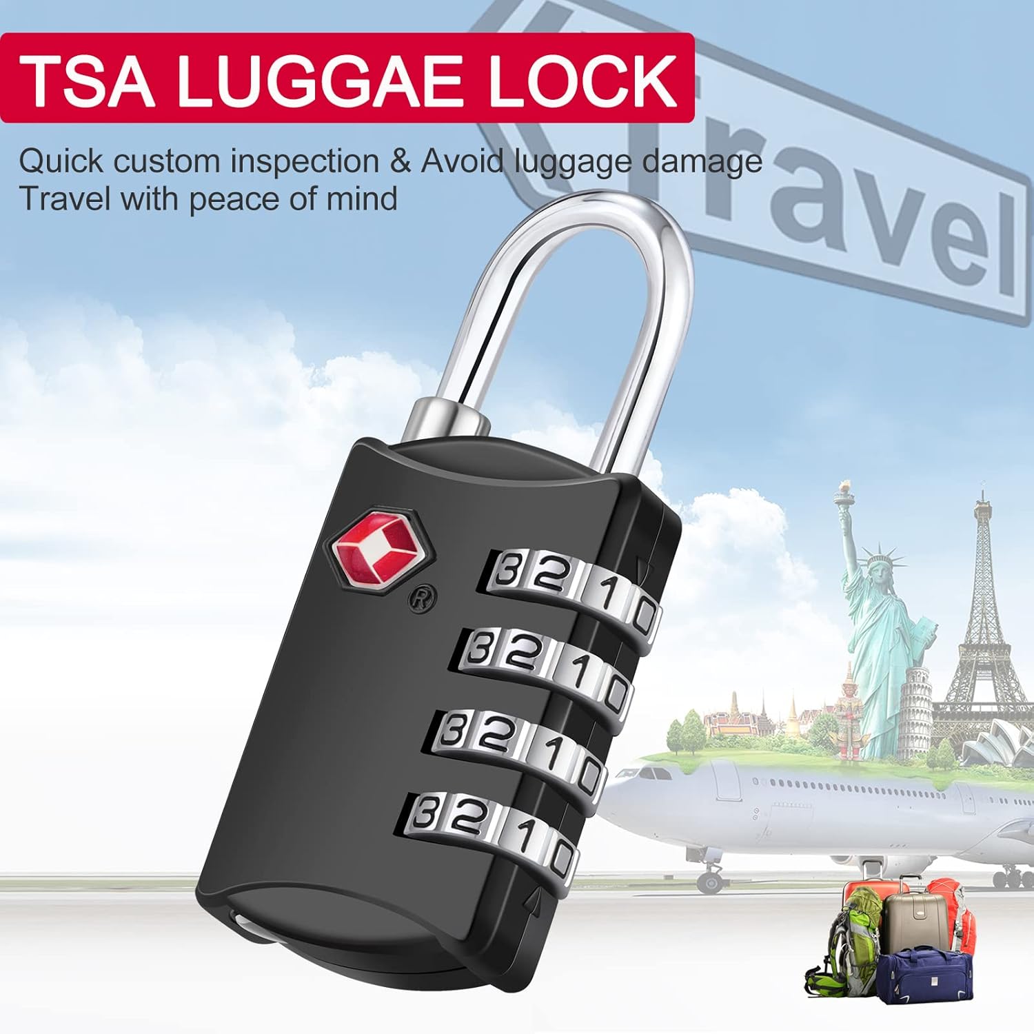 ZHEGE Luggage Lock, TSA Approved Travel Lock, 4 Digit Combination Padlock with Flexible Cable (30 Inch) for Suitcase, Backpack, Cabinet, Drawer (1 Pack, Black) - Image 2