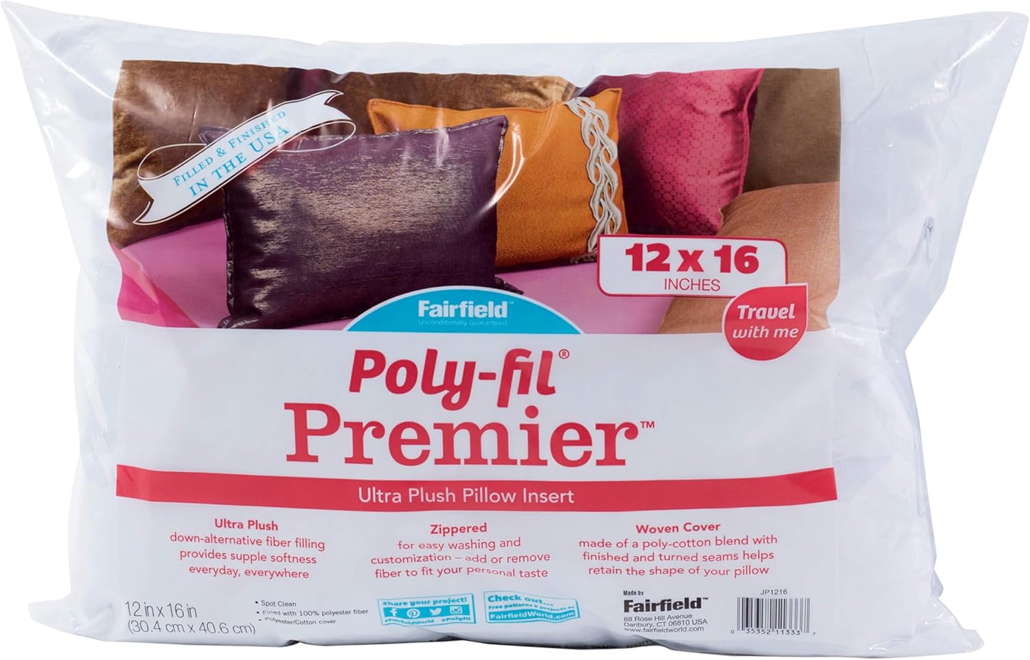 Fairfield Poly-Fil Premier Accent/Travel Pillow Insert, 12" x 16", White,JP1216