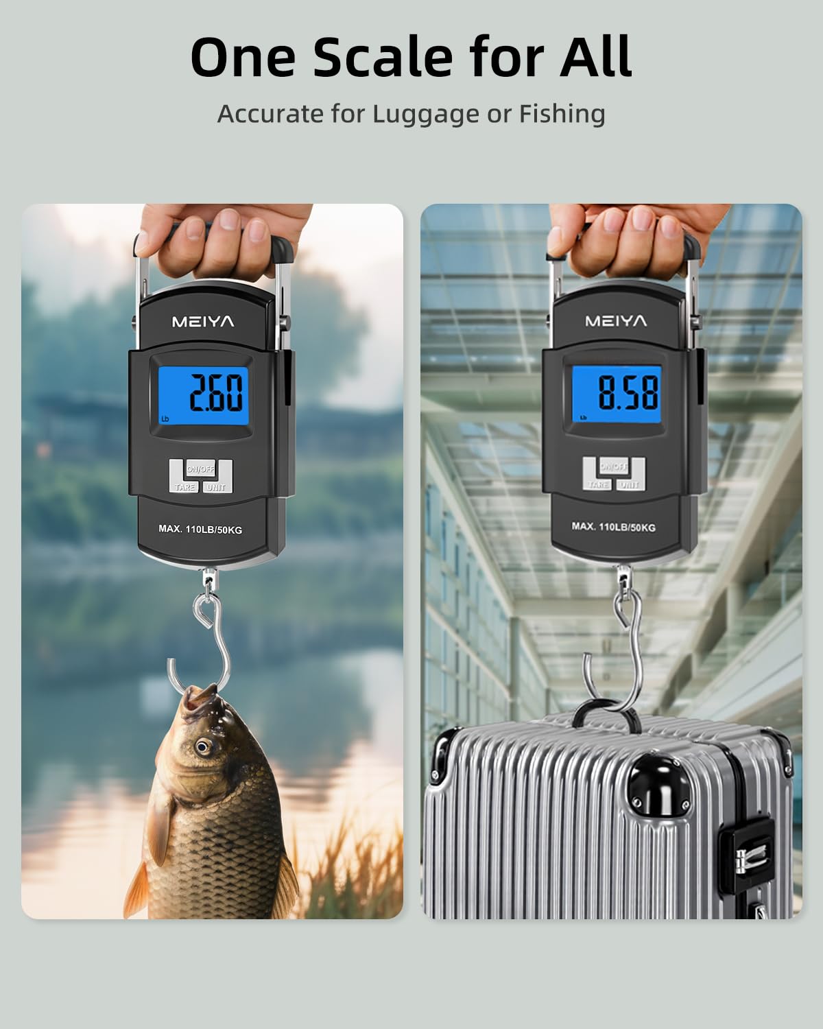 MEIYA Fish Scale 110lb/50kg Digital Fishing Scale with Backlit LCD, Portable Handle, Stainless Steel Hook & 2 AAA Batteries – Reliable Fishing Gear & Great Fishing Gifts for Men - Image 5