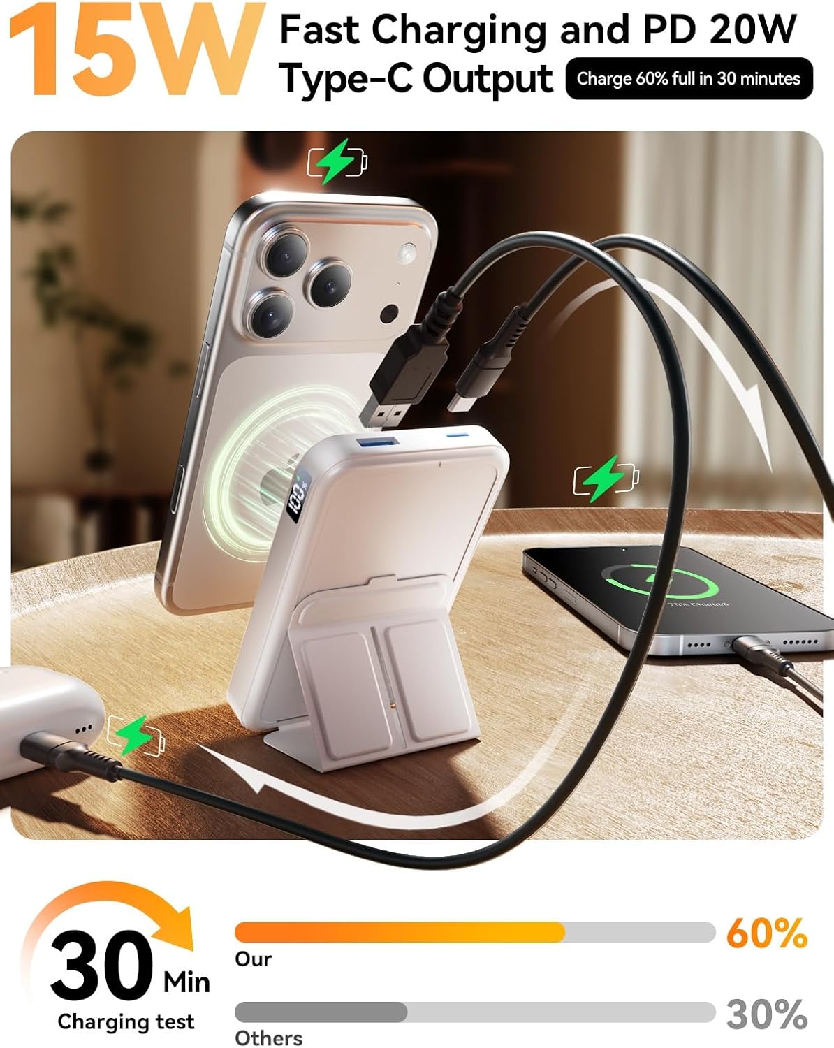 Magnetic Portable Charger, 10000mAh Power Bank with Leather Foldable Stand - Travel Essentials, USB-C 20W Fast Charging for Magsafe Battery Pack, Compatible with iPhone 17/16/15/14/13 Series - Image 4