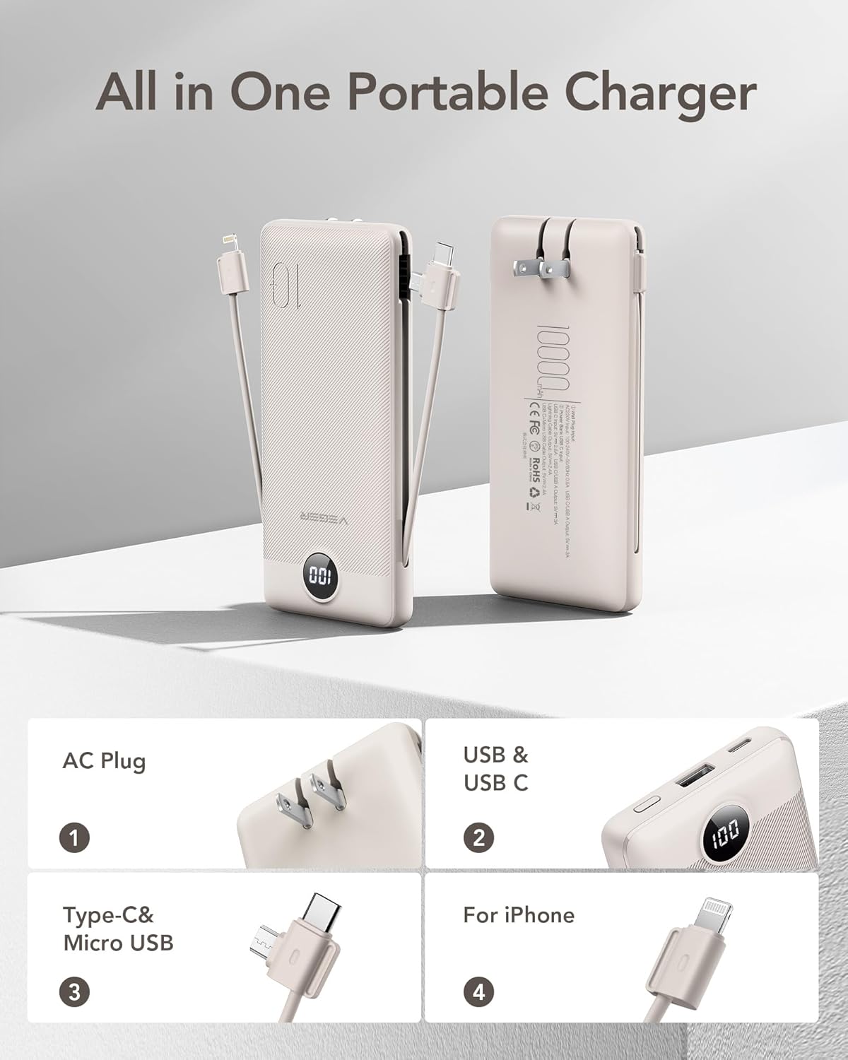 VEGER Portable Charger with Built-in AC Plug and Cables, All in One 10000mAh Ultra Slim Power Bank Travel Essentials, 15W Fast Charging Battery Pack Compatible with iPhone, Samsung, Android (Coffee) - Image 2