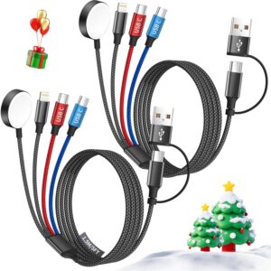 Dual Type-C 4 in 2 Multi Charging Cable for Apple iWatch Charger/iPhone 17/Lightning, Travel Charger for Multiple Devices, Stocking Stuffers for iWatch Ultra/SE/10-1, iPhone16-8, iPad - 2Packs 5FT