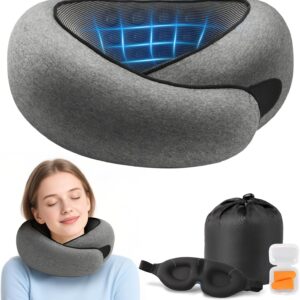 Advanced Memory Foam Neck Travel Pillow, Neck Pillow Airplane with Eye Mask & Ear Plugs, Designed for The Comfort of Travel & Office, Travel Pillow for Plane, Car, Home, Work, Dark Grey