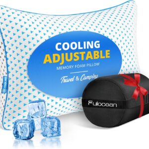 Small Cooling Shredded Memory Foam Pillow for Travel & Camping, Compressible Adjustable Pillow Washable Cover,Medium Firm Neck Knee Lumbar Support,Ideal Sleeping,Car,Airplane,Toddler,Backpacking,Gifts