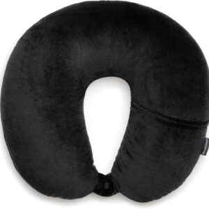 Brookstone Microbead Travel Head and Neck Pillow Lightweight and Plush with Phone or Headphone Pocket, Black