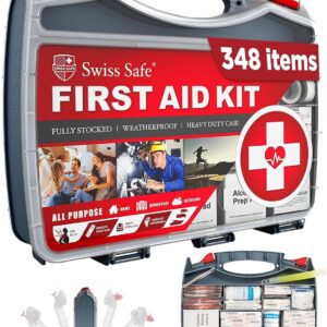 Swiss Safe 2-in-1 First Aid Kit for Car, Travel & Home, Businesses - Bonus Mini Kit for Medical Emergency Aid, Survival, Camping - FSA & HSA Eligible - 348 Pcs, Large Hardcase FAK