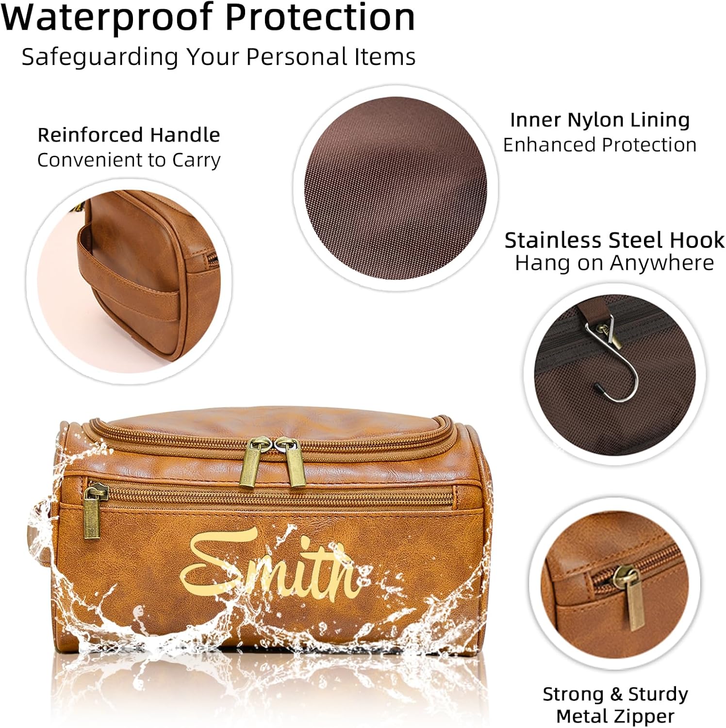 Personalized Toiletry Bag for Men, Engraved Name Initials Toiletry Bag, Customized Monogram Travel Shaving Dopp Kit for Groomsmen, Gift for Christmas, Birthday, Dad, Husband (Brown) - Image 4