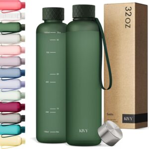 KIVY Slim Water Bottle 32oz [Lightweight & Shatterproof] Fits Backpack & Cupholder for Travel, Sports, School, Gym - Dark green water bottle no straw - Gym water bottle screw top - Dishwasher Safe