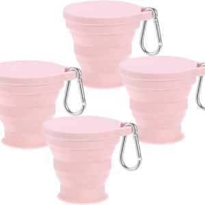 4 Pack Collapsible Travel Cup, 6oz(180ml) Silicone Portable Foldable Water Cup Bottle with Spring Buckle for Travel/Camping/Hiking, Reusable [Pink]